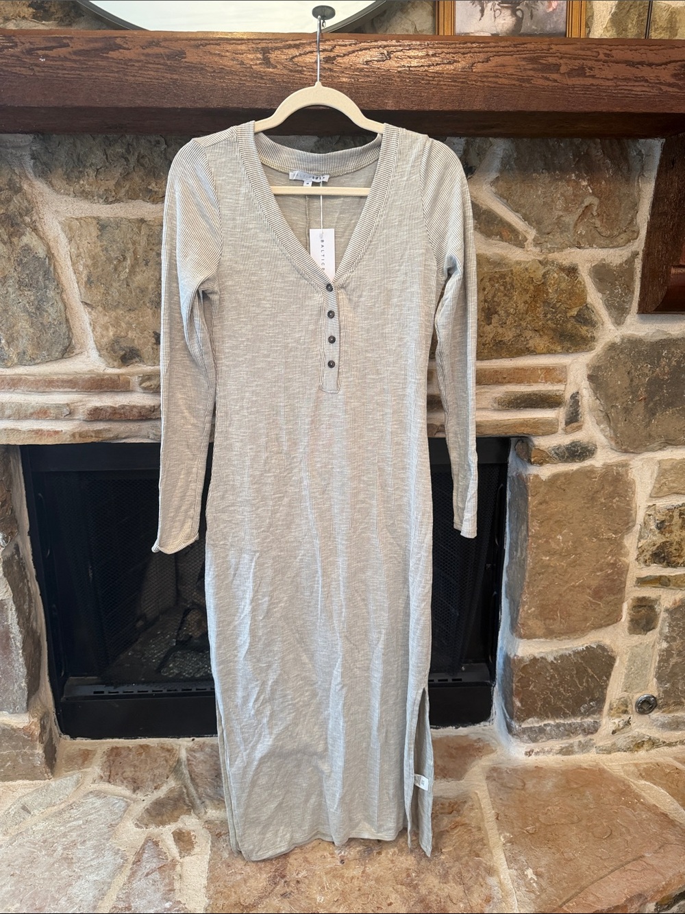 Baltic Born Light Gray Long Sleeve V-Neck Maxi Dress with Button Placket